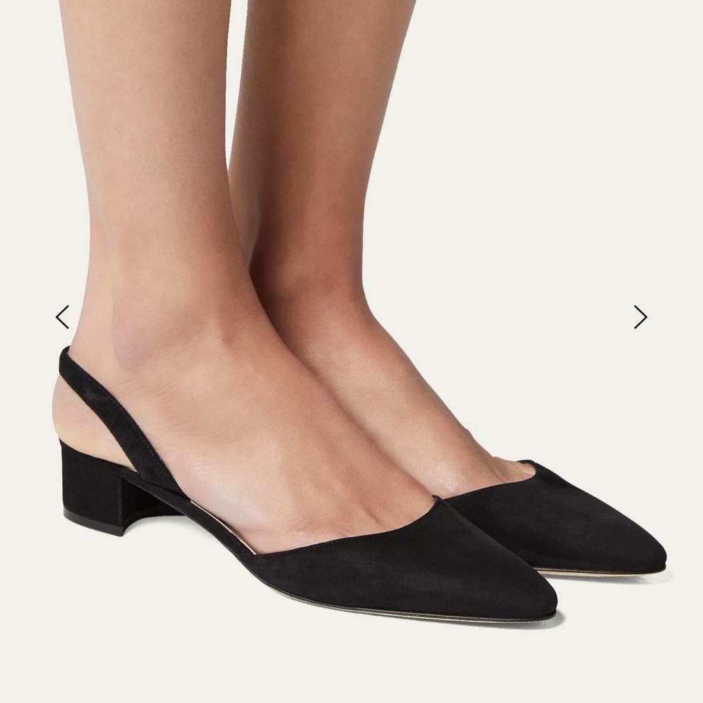 Manolo Blahnik Black Suede Pointed Slingback Low Block Heels